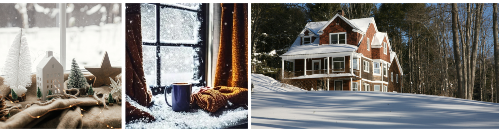 A Christmas still life featuring tree lights, a small house, and a wooden star on a cozy blanket placed on a windowsill.A cozy winter scene with hot chocolate and blankets near a snow-covered window.A snow-covered house exterior after a winter storm, with a note about the importance of tune-ups and professional inspections for your home.