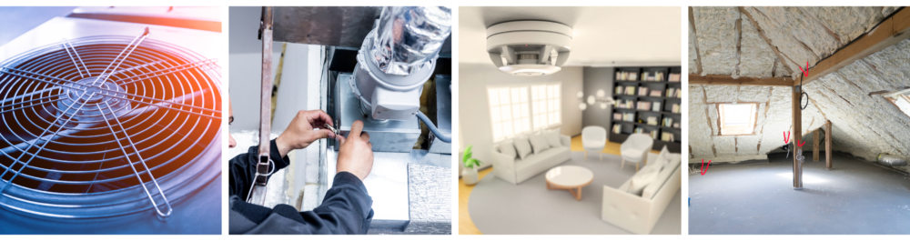 Clean around outdoor HVAC units, with a focus on the metal air conditioning vent and ventilation fan in the background.Inspecting ductwork for leaks, with a ventilation cleaning specialist repairing the HVAC system.Smoke detector mounted on the ceiling of a house.Roof insulation in the attic featuring modern foam materials.