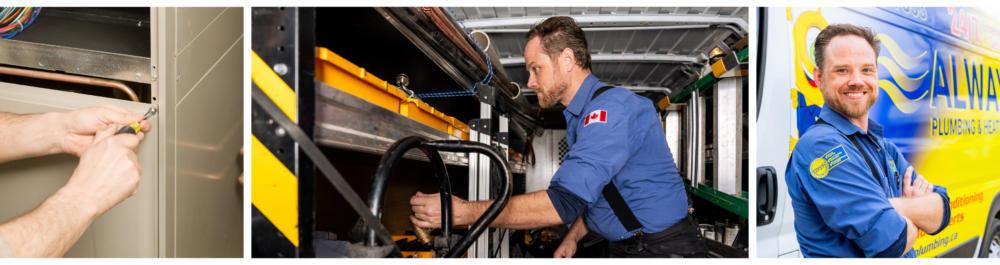 A repair technician removes the furnace service panel, emphasizing the importance of regular tune-ups from Always Plumbing & Heating to extend the life of your furnace and ensure warm air flows consistently— a foolproof way to maintain home comfort year-round.An Always Plumbing & Heating technician prepares for a job by gathering tools from the work vehicle, followed by a shot of the technician standing outside the vehicle, smiling after successfully completing a service.