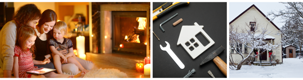 Family gathered by the fireplace in winter, with a reminder to show your HVAC system some love during the holiday season.Aerial shot of HVAC tools and a house model, emphasizing the importance of scheduling a furnace tune-up before winter to ensure optimal performance.Suburban home covered in snow after a snowfall.